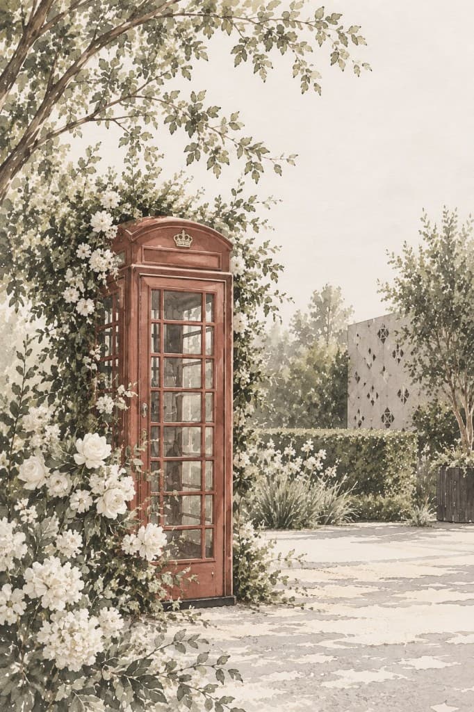 Cabina telefónica roja entre rosas blancas, en acuarela.