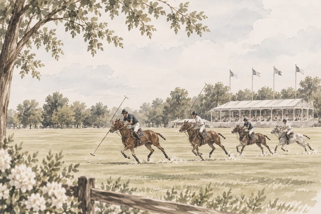 Partido de polo en acuarela, con tribuna y banderas.